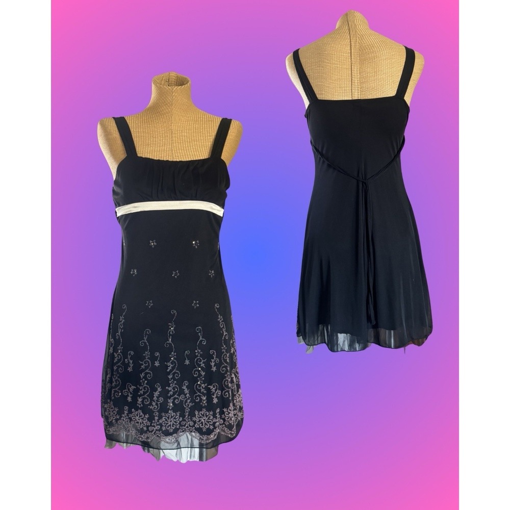 VTG Ruby Rox Y2K Dress Black Babydoll Fairy Beading Tulle Jrs XL- Fits Like MED